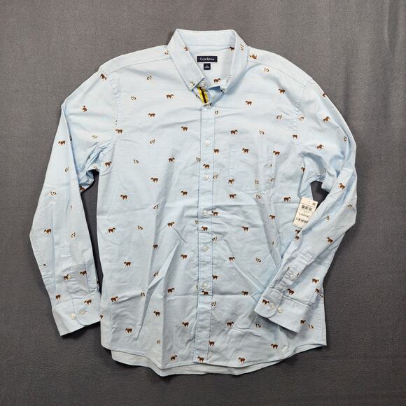 Club Room Mens Shirt Large Blue Dogs Bulldog Novelty Long Sleeve Button Up NEW - Picture 1 of 16